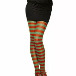 Red And Green Striped Tights - Adult